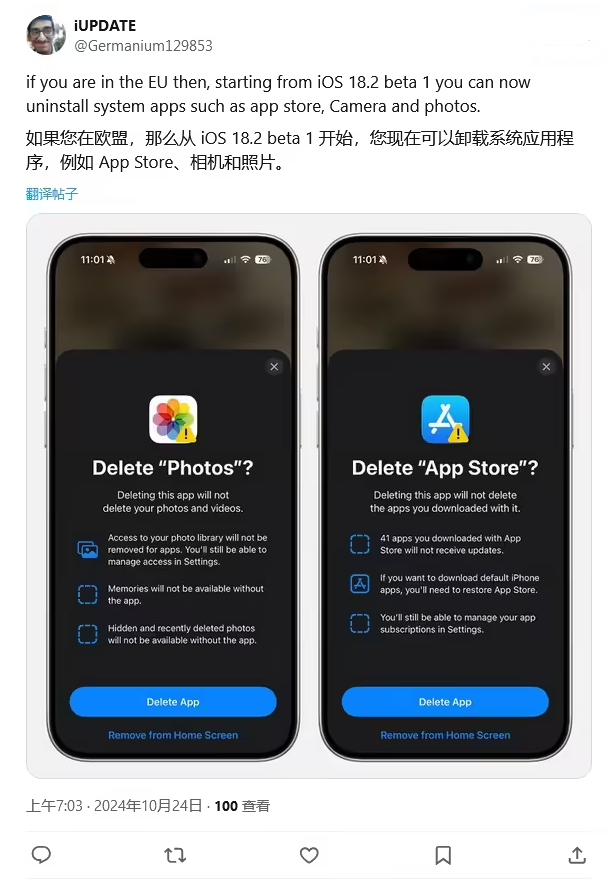 巴宜苹果手机维修分享iOS 18.2 支持删除 App Store 应用商店 